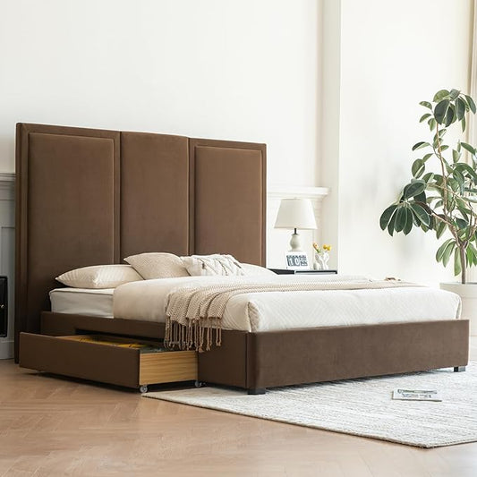 YUHUASHI King Size Bed Frame with 64-inch High Headboard, Simple and Airy Linen Upholstered Platform Bed with Storage Drawers, Wood Slat, No Noise (Brown, King)