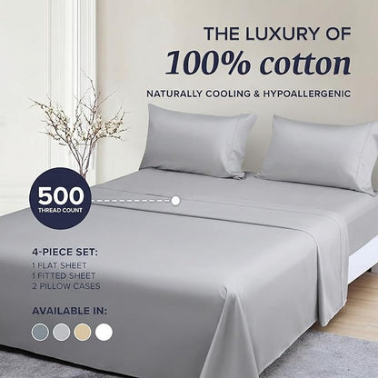Beckham Hotel Collection Queen Sheet Set 100% Cotton, 500TC Luxury Sateen Bedding, 16” Deep Pocket, Moisture-Wicking, 4-Piece, Gray