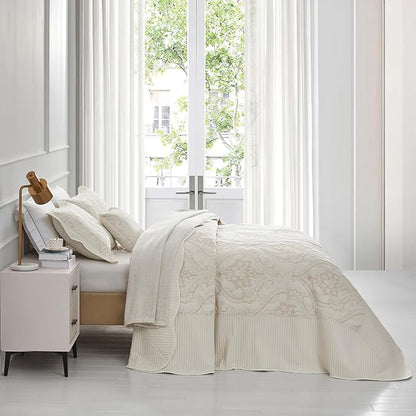 CHIXIN Oversized Bedspread Coverlet Set King Size - Lightweight Bedding Cover - Beautiful Stitching - 5 Piece Reversible Bedspread - Gorgeous Damask Paisley Pattern (King, Ivory-Yellow)