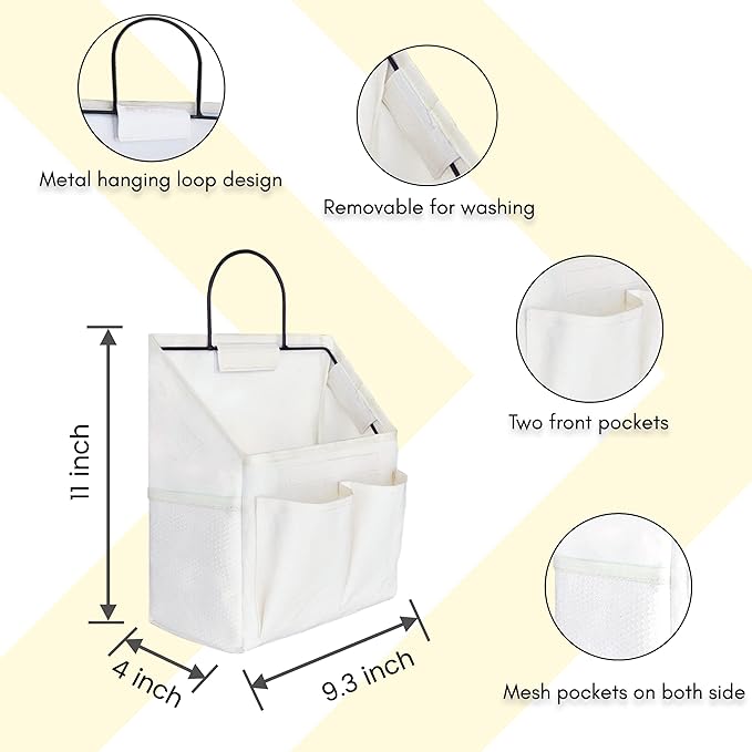 Kanrichu 2pcs Small Wall Hanging Organizer Bag, Linen Fabric Door Hanging Storage Basket with Pockets, Waterproof Bin for Kitchen, Bedroom, Office, RV Camper (White)