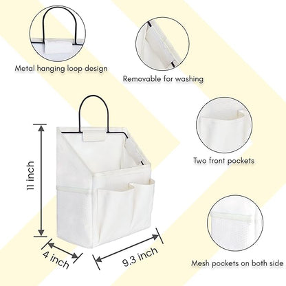 Kanrichu 2pcs Small Wall Hanging Organizer Bag, Linen Fabric Door Hanging Storage Basket with Pockets, Waterproof Bin for Kitchen, Bedroom, Office, RV Camper (White)