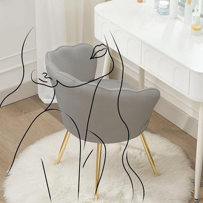 Velvet Vanity Chair with Back, Mid-Century Modern Small Accent Chair for Living Room, Golden Metal Legs Upholstered Makeup Chair, 1Pcs Bedroom Armchair, Grey