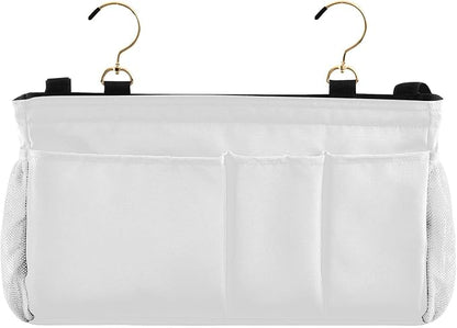 KOPIRIT White Bedside Caddy Storage Bag Bedside Organizer for Bunk Bed Headboards College Hanging Storage Organizer 6 Pockets with Hooks for Drinks Magazine Phone Holder