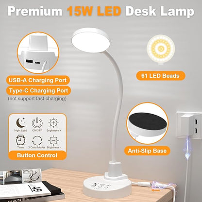 15W LED Desk Lamp with USB Charging Ports – Dimmable Table Lamp with 3 Color Temps, 5 Brightness, 4 Timers, Flexible Gooseneck Light with Base, Eye-Caring Reading Light for Home Office, Bedroom, Study