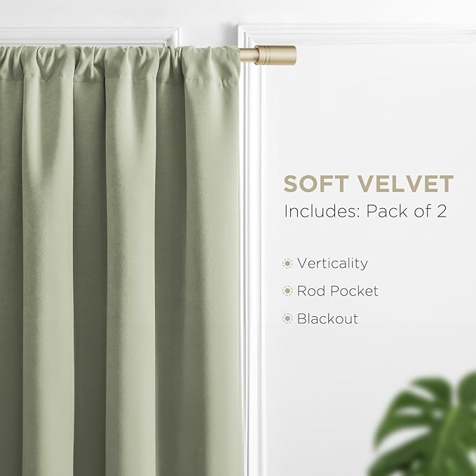 Joydeco Sage Green Velvet Curtains 84 Inches 2 Panels, Luxury Thermal Insulated Soft Green Curtains for Bedroom & Living Room, Room Darkening Velvet Drapes, Rod Pocket (52W x 84L)