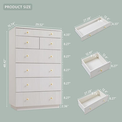 Fluted Dresser for Bedroom, 48" H White 7 Drawer Dressers, Wood Tall Dresser Storage Organizer, Modern Bedroom Chest with Deep Storage for Closet Hallway, Entryway, Living Room White