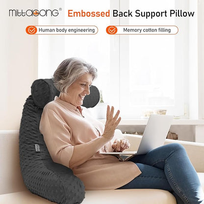 Reading Pillow for Sitting in Bed, Extra Large Backrest Support Cushion with Arms, Sit up Back Pillow Shredded Memory Foam back support Chair Pillow, Bed Rest Pillows with pocket, Detachable Neck Roll
