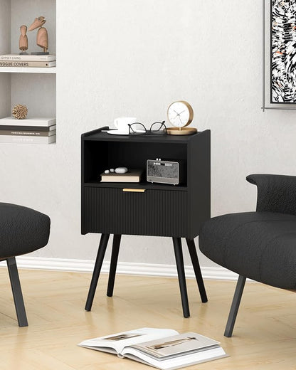 Black Nightstand,Modern Bedside Table with Storage Drawer and Open Wood Shelf, for Living Room, Bedroom and Small Spaces, Accent Night Stand with Solid Wood Legs, Easy Assembly,Classic Black
