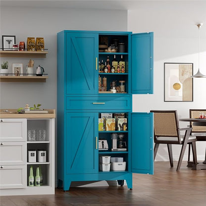 71" Tall Farmhouse Pantry Cabinet,Metal Cabinet with Adjustable Shelves and Doors,Storage Cabinet for Kitchen Garage,Blue