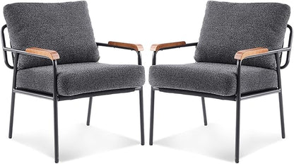 VINGLI Mid-Century Modern Accent Armchiars Set of 2 for Small Space, Small Comfy Upholstered Leisure Reading Chairs with Wood Armrests for Bedroom, Living Room, Waiting Room, Linen Grey