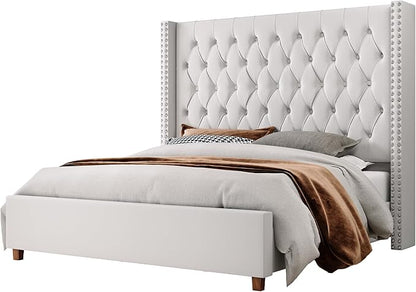 Jocisland King Size Bed Frame with 61.4" Tall Headboard, Velvet Upholstered Wingback Platform Design, Handcrafted Pleats& Deep Button Tufted, Solid Wood Legs, No Box Spring Needed, Cream