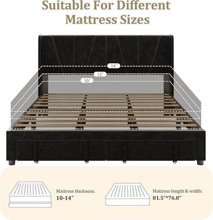 King Bed Frame with Storage Drawers, Upholstered King Size Platform Bed with 47“ Tall Headboard and Wingboard, No Box Spring Needed, NO Noise, Easy Assembly, Wooden Support Slats, Black