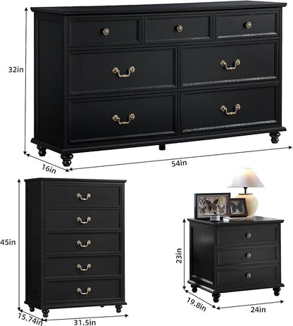 24" Wide Farmhouse Nightstand Set of 2, 54" 7 Drawers Dresser, 45" Tall Rustic Chests of 5 Drawers w/ 4 Solid Wood Feet, Farmhouse Furniture Series for Living Room,Bedroom,Black