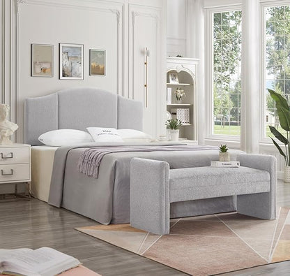 24KF Modern Upholstered Bed Bench Covered with Soft Boucle Teddy Fabric, Lovely Entryway Bench Ottoman with Armrest,5062-Gray