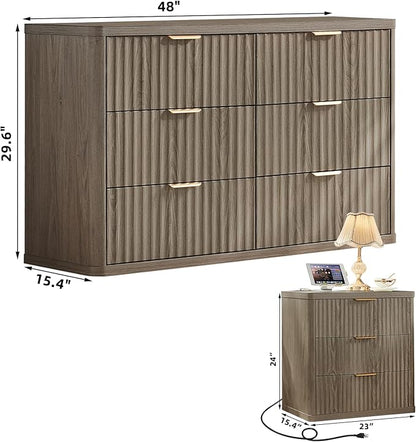 LEYAOYAO Fluted Dresser and 3 Drawers Nightstand Set of 2, Wood 48" Wide Dresser & 23" Night Stand with Charging Station, 3 Piece Bedroom Furniture Set, Chest of Drawers for Home,Living Room,Grey