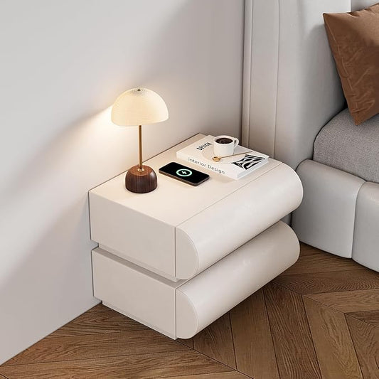 homary Smart Nightstand with Wireless Charging, USB & Type-C Ports – Modern Off White Faux Leather Nightstand with 2 Drawers, Bedside Table with Charging Station for Bedroom