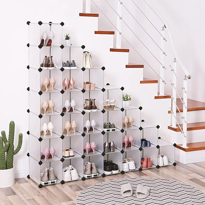 SONGMICS Shoe Rack with 32 Cubes, Interlocking Plastic Shoe Organizer, DIY Storage Cabinet for Closet Entryway Bedroom Garage, Space Saving Design, 13.9 x 35.1 x 54.5 Inches, Transparent ULPC48S