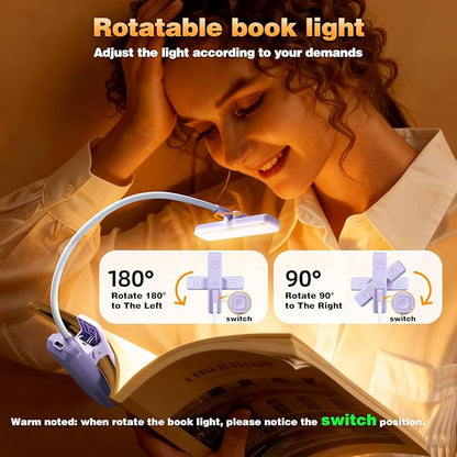 VAVOFO Rechargeable Book Light Rotatable：24 LEDs Reading Light, 3-Color & 9-Brightness Book Lamp, Eye Cared 120Hrs Runtime Lightweight Clip on Led Light for Book Lovers (Purple)