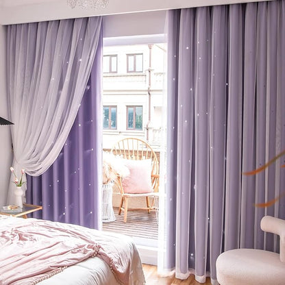 Star Double Layer Blackout Curtains for Bedroom, Kids - Cute, 72 Inch Long, 2 Panels Set, Purple, 42 x 72 Inches