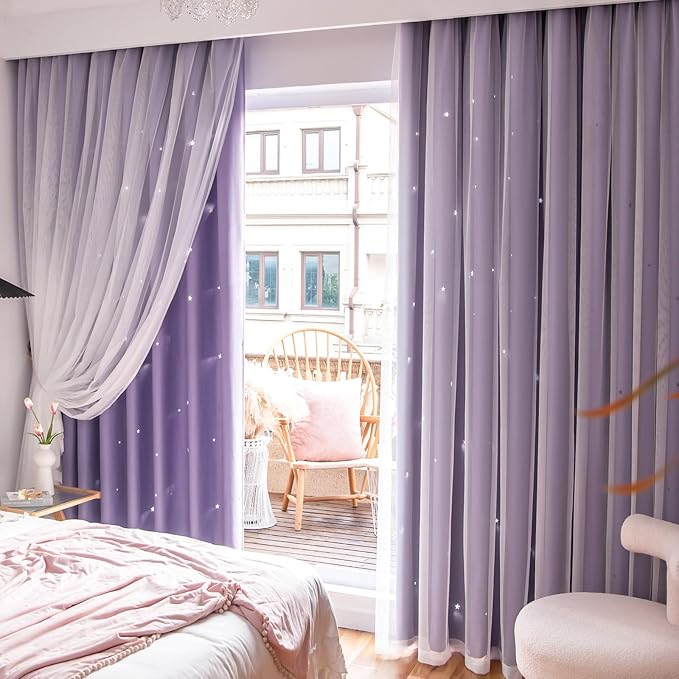 Stars Curtains Double Layer Curtains Blackout Curtains for Bedroom Kids Curtains Cute Curtains Kids Blackout Curtains, Curtains 108 Inches Long 2 Panels Set, Purple Curtains, 52 X 108 Inches