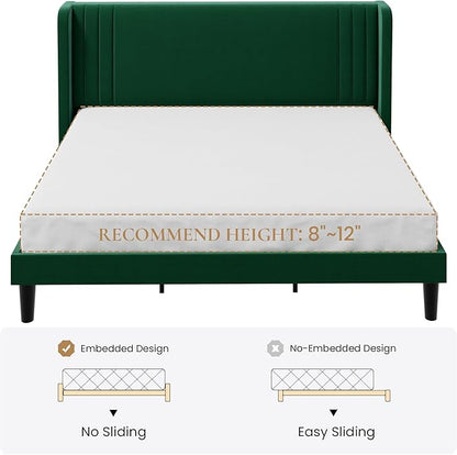 SHA CERLIN King Size Velvet Upholstered Platform Bed Frame with Vertical Channel Tufted Wingback Headboard, Wooden Slats Support, Easy Assembly, Under Bed Storage, No Box Spring Required, Green