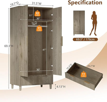 VINGLI Fluted Armoire Wardrobe Closet Wooden with Doors and Drawers, Wardrobe Cabinet with Hanging Rack, Bedroom Closet Wood, Free Standing Armoire with Shelf and Solid Wood Legs, Grey
