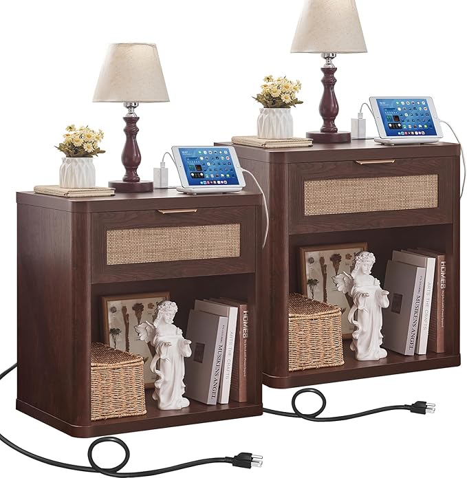 LEYAOYAO Rattan Nightstand with Charging Station, Walnut Night Stand with Drawer, 23" Wide Boho Bedside Table with Storage Shelf, Bed Side End Tables for Bedroom, Living Room, Hallway