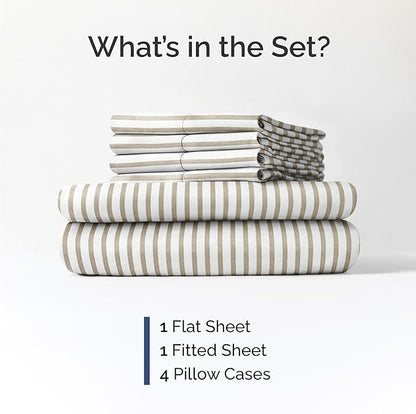 Queen 6 Piece Sheet Set - Cooling, Comfy & Breathable - Hotel Luxury Bedding, Includes Fitted Sheet for Women, Men, Kids & Teens - 1 Flat, 1 Fitted Sheet, 4 Pillowcases w/Deep Pockets - Beige Stripes