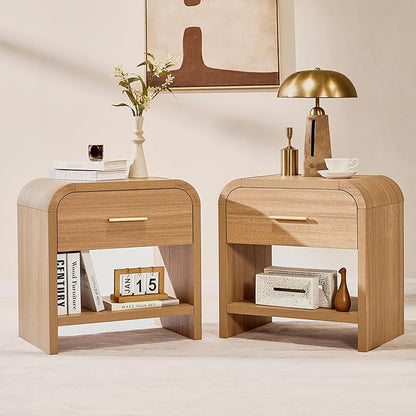 Night Stand Set of 2 [Unique Curved Profile] [FSC-Certified Wooden Board] 1-Drawer and 1 Storage Shelf Nightstand 24" H Metal Handle Modern Bedside Table