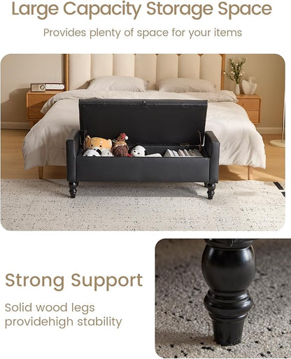 47" Storage Ottoman Bench, End of Bed Bench for Bedroom, Leather Upholstered Ottoman with Storage for Living Room, Entryway, Window (Black)