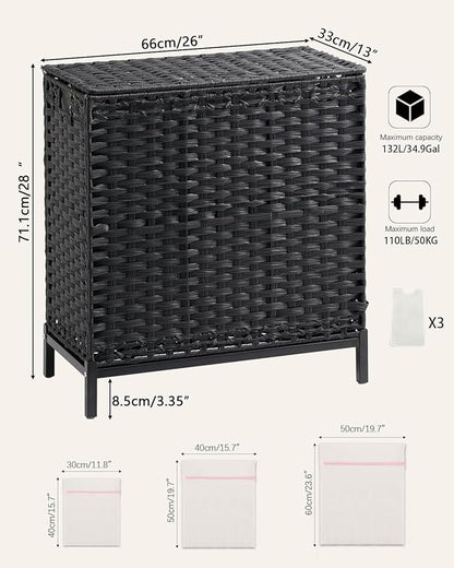 Laundry Hamper with Lid 132 L, (35 Gallons) Clothes Hamper with Lid, Handwoven Rattan Laundry Hamper with Metal Heightened Feet, Laundry Hampers with 3 Removable Liner Bags for Laundry-Black