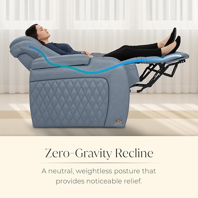 Seatcraft Diamante Zero-Gravity CoolZero Italian Leather Home Theater Seating, Power Headrest, Power Recline, Row of 5 Dual Loveseats, Smokey Blue