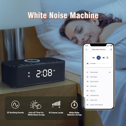 Dual Alarm Clock Radio Bedroom, Digital Alarm Clocks Bedrooms Bluetooth, Up to 10 Bedroom Alarms Clock White Noise 23 Soothing Sounds App/Button Control Snooze 12/24H FM Speaker Charging, Black