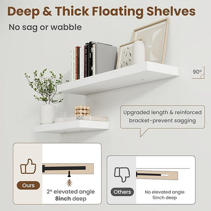 48 Inch Floating Shelves for Wall, 8 Inch Deep Floating Shelf for Storage & Display, Rustic Wall Mounted Shelf with Invisible Brackets for Living Room, Kitchen, Bathroom, Home Decor, Set of 2, White