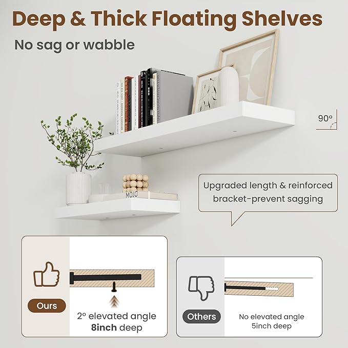 55 Inch Floating Shelves for Wall, 8 Inch Deep Floating Shelf for Storage & Display, Rustic Wall Mounted Shelf with Invisible Brackets for Living Room, Kitchen, Bathroom, Home Decor, Set of 2, White