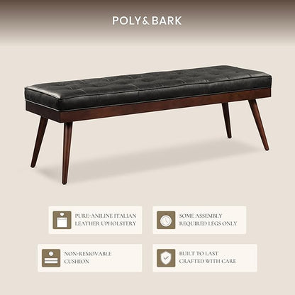 Poly & BARK 55" Tufted Leather Bed Bench for Bedroom End of Bed - Living Room Entry Way Bench - Pure Italian Leather Upholstery with a Solid Wood Frame - Ottoman Bench with Wooden Legs - Onyx Black