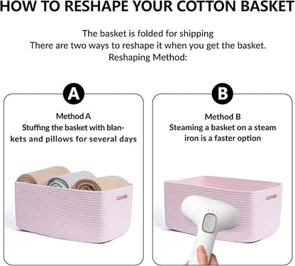 Large Storage Baskets for Shelves, Closet Organizers Bins for Clothes Blanket Towels, Baby Nursery, Toy Baskets Box, Woven Rope Baskets, 17 x 13 x 7.5”, 3 Packs Light Pink