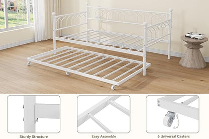 GarveeHome Daybed with Trundle, Metal Twin Trundle Bed with Charging Station & LED Lights, Sofa Beds Frame with Pull Out Bed for Living Room, Guest Room, Apartment, Small Spaces, White