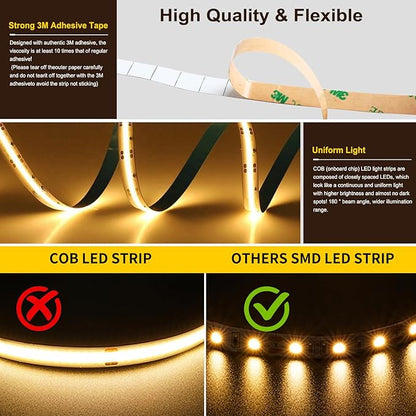 COB LED Strip Light,CCT Dimmable Strips Light,2700K-6500K,24ft/7.5m,8mm Wide,CRI90+ 24V LED Strips Kit with Bluetooth APP Control/Music Mode,for Bedroom,Kitchen,DIY Lighting