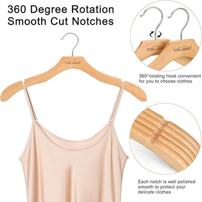 TOPIA HANGER Wooden Coat Hangers 12 Pack, Premium Wood Top Suit Hangers with No Shoulder Bump, 360° Swivel Hook and Cut Notches Clothes Hangers for Sweater, Coat, Shirts, Jackets, Dress, Natural CT84N