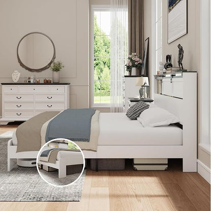 Queen Wood Bed Frame, Sliding Barn Door Storage Headboard with LED Lights and Charging Station, Farmhouse Wood Platform Bed with Metal Slat Supports, No Box Spring Required, Noiseless, White