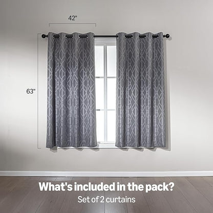 Amazon Basics Jacquard 2-Piece 100% Blackout Curtains, Living Room and Bedroom Drapes, Thermal Insulated Window Treatment, 42"x63", Grey