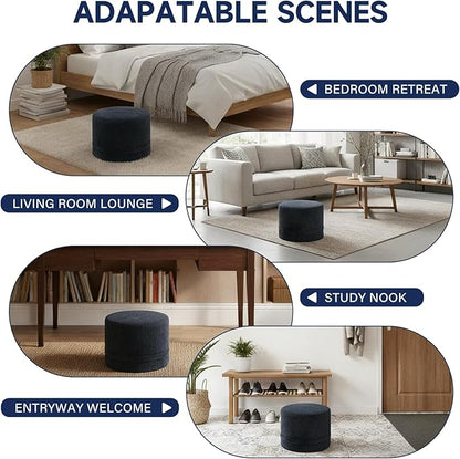Tiita Stuffed Pouf Ottoman, Round Foot Stool Fluffy Floor Poufs Chair for Living Room Bedroom, Filled Boho Foot Rest for Couch, Blue-Grey