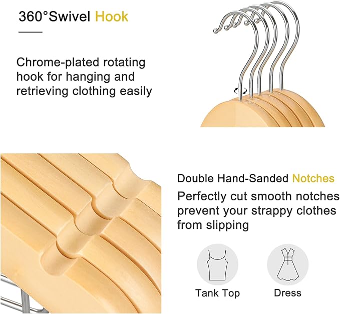 TOPIA HANGER Wooden Suit Hangers with Adjustable Metal Clips (20 Pack), Solid Smooth Wood Clothes Hangers, 360° Swivel Hook, Premium Pants Hangers for Clothes Coat, Jeans, Blouse-Natural, CT28N20
