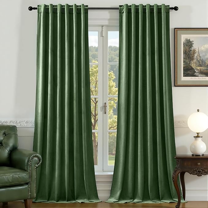 Olive Green Velvet Curtains 108 Inches Long for Bedroom, Luxury Room Darkening Thermal Insulated Blackout Curtains Luxury Window Drapes for Living Room, Back Tab Rod Pocket, W52 x L108, 2 Panels