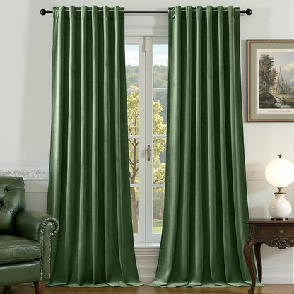 Olive Green Velvet Curtains 102 Inches Long for Bedroom, Super Soft Room Darkening Thermal Insulated Curtains Luxury Window Drapes for Living Room Nursery, Back Tab Rod Pocket, W52 x L102, 2 Panels