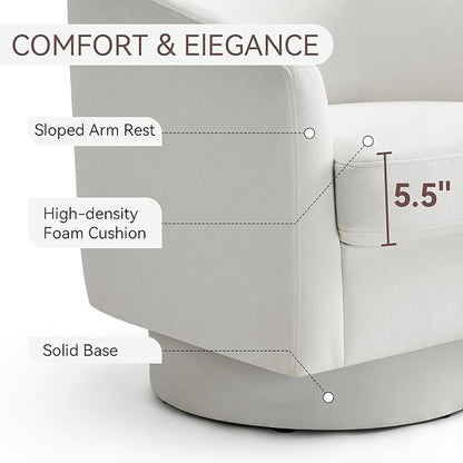 Swivel Barrel Accent Chair, Round Chenille Fabric Living Room Arm Chairs, Modern Upholstered Comfty Reading Nook Chairs for Bedroom, Small Club Armchair, Single Sofa Side Chair, White