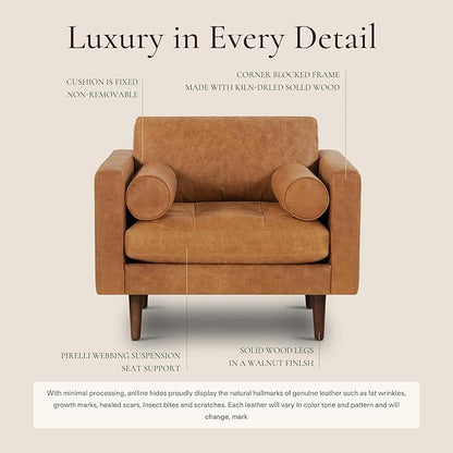 Poly & BARK Napa Leather Accent Chairs 42" – Set of 2 - Mid Century Modern Armchair with Bolster Pillows, Living Room or Bedroom Chair in Cognac Tan