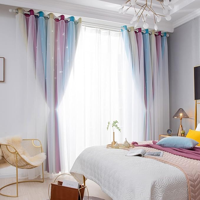Star Blackout Curtains - Bedroom Cute Kids Rainbow, 96 Inch Long 2 Panels, Purple & Blue, 42 x 96 Inch