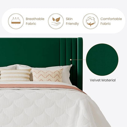SHA CERLIN Queen Size Velvet Upholstered Platform Bed Frame with Vertical Channel Tufted Wingback Headboard, Wooden Slats Support, Easy Assembly, Under Bed Storage, No Box Spring Required, Green